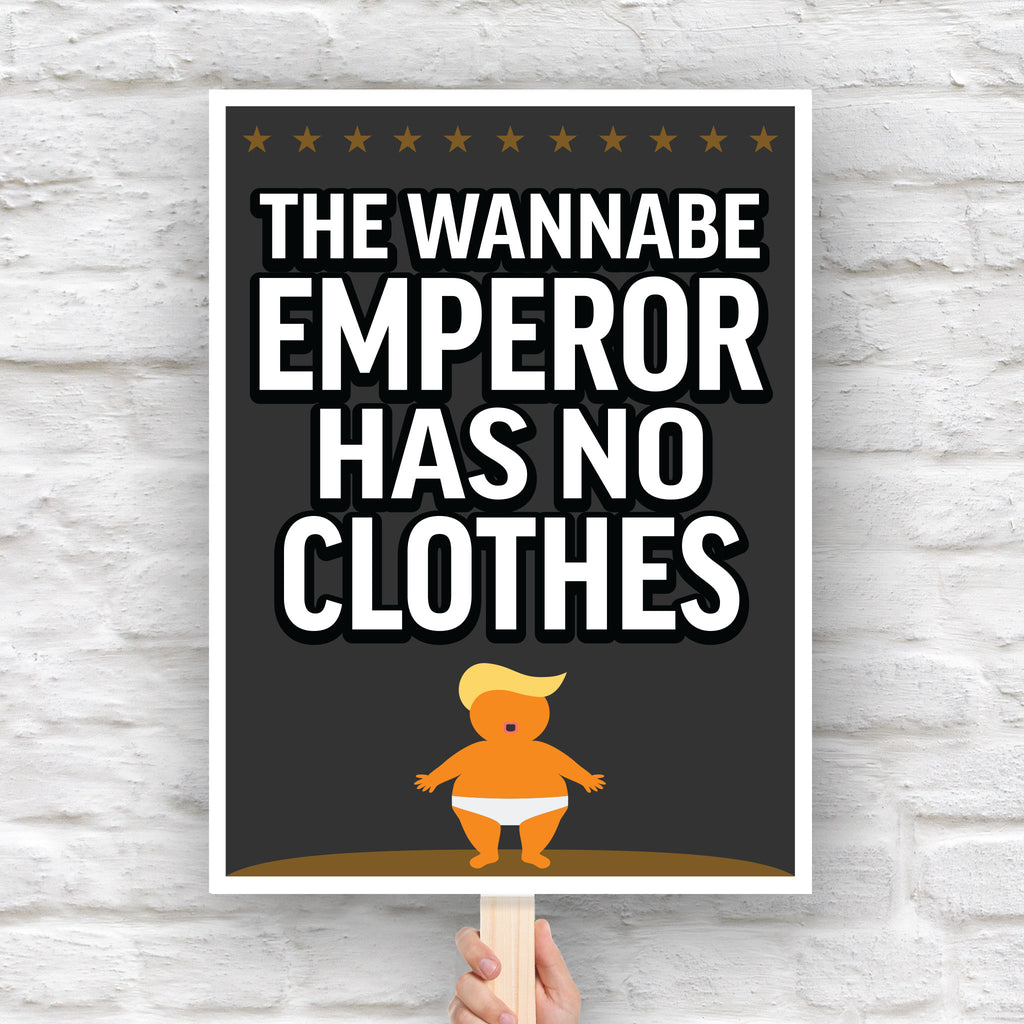 Protest sign reading “The Wannabe Emperor Has No Clothes” with cartoon illustration of an orange baby with weird yellow hair dressed only in his underwear, looking much like Donald Trump.