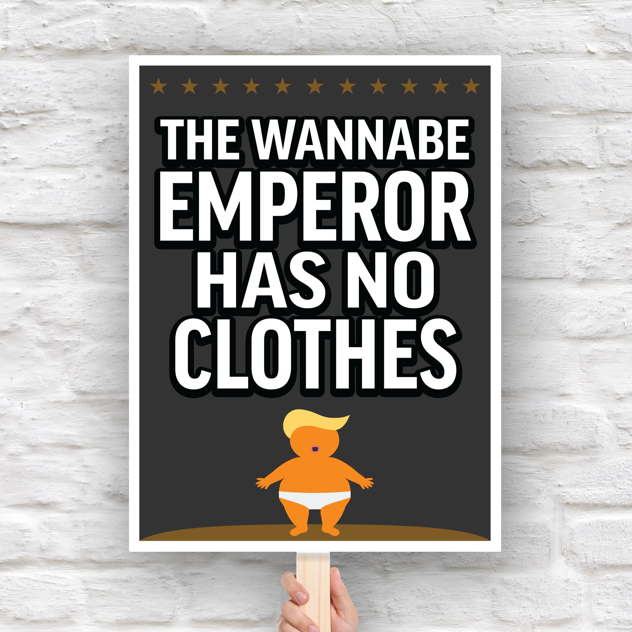 Protest sign reading “The Wannabe Emperor Has No Clothes” with cartoon illustration of an orange baby with weird yellow hair dressed only in his underwear, looking much like Donald Trump.