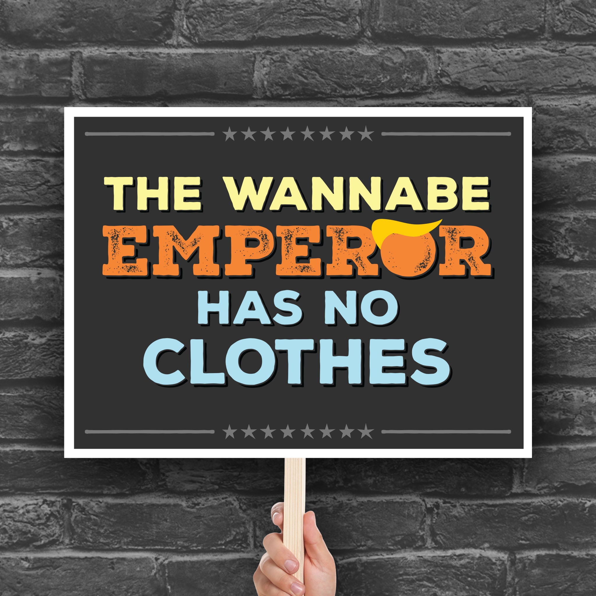 Anti-Trump protest sign reading “The Wannabe Emperor Has No Clothes” with bold lettering and a stylized yellow hair graphic, ideal for No Kings Day rallies.