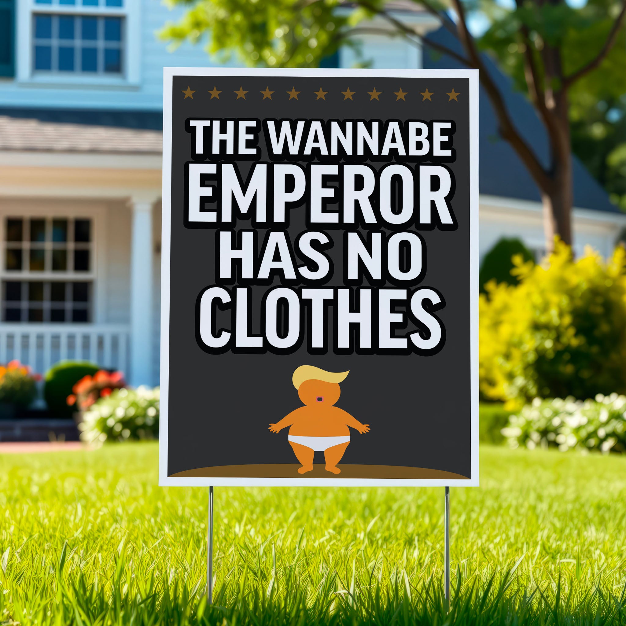 Yard sign reading “The Wannabe Emperor Has No Clothes” with cartoon illustration of an orange baby with weird yellow hair dressed only in his underwear, looking much like Donald Trump.