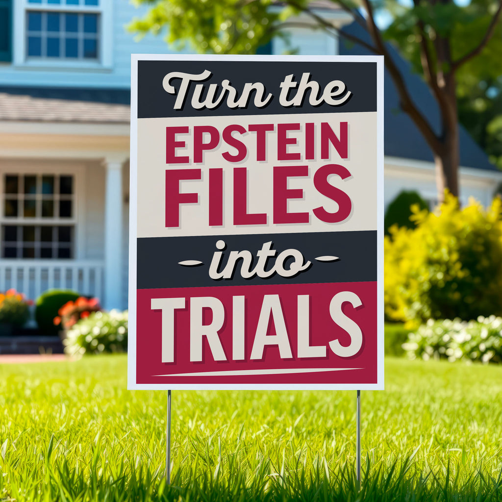 Yard sign reading “Turn the Epstein Files Into Trials” in bold retro lettering.