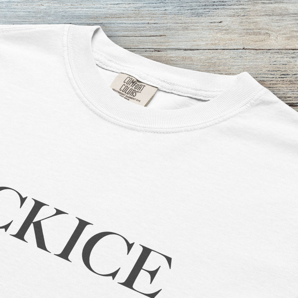 Closeup detail of white unisex t-shirt with minimalist serif typography reading “FCK ICE,” an anti-ICE political message opposing Immigration and Customs Enforcement abuses and violence.