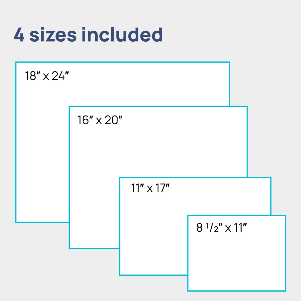 Four sizes included in digital download. 8.5 by 11 inches, 11 by 17 inches, 16 by 20 inches, and 18 by 24 inches.