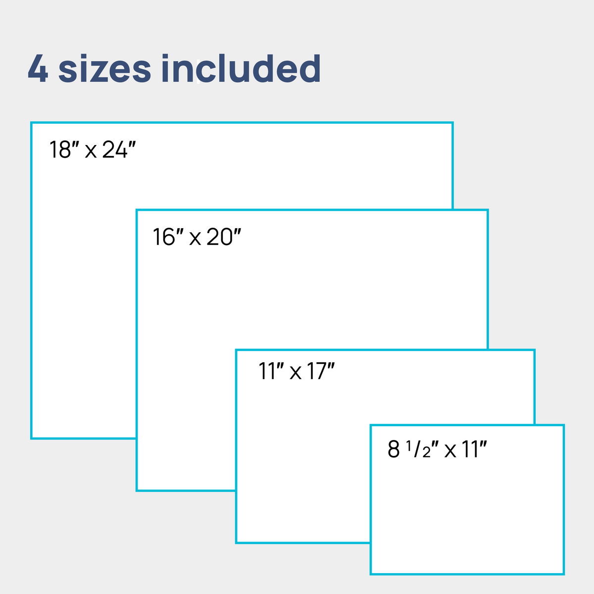 Four sizes included in digital download. 8.5 by 11 inches, 11 by 17 inches, 16 by 20 inches, and 18 by 24 inches.