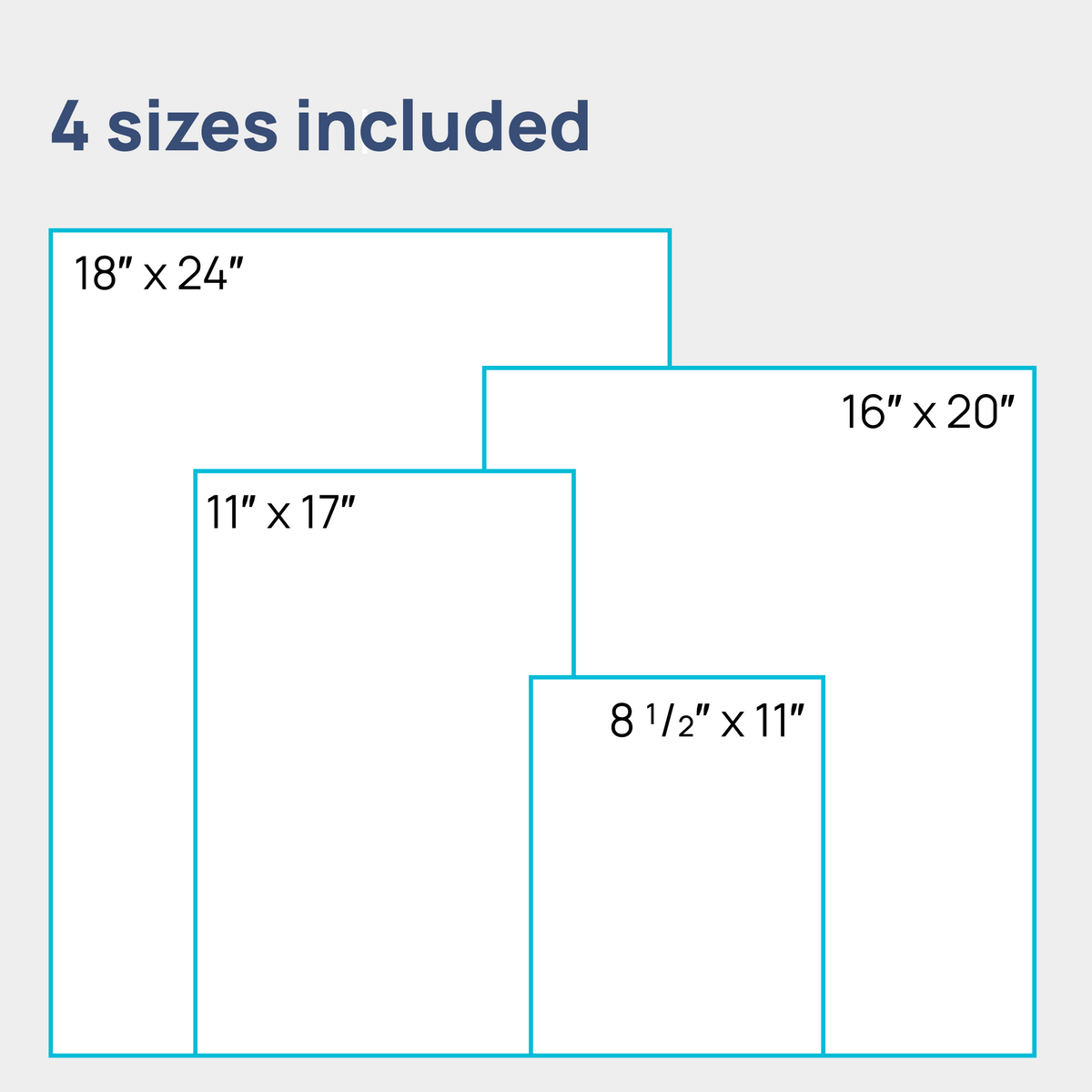 Four sizes included in digital download. 8.5 by 11 inches, 11 by 17 inches, 16 by 20 inches, and 18 by 24 inches.
