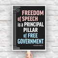 Benjamin Franklin quote protest sign reading “Freedom of Speech is a Principal Pillar of Free Government” used to oppose Trump’s attacks on First Amendment rights.