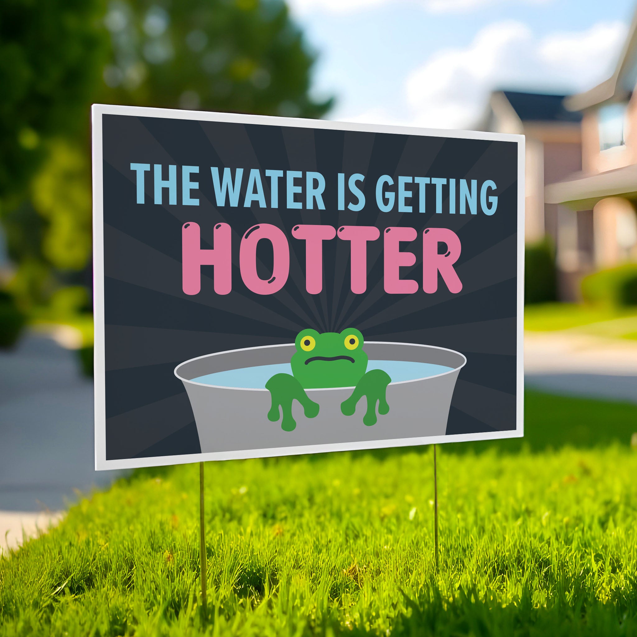 Yard sign with bold text in blue and pink that says "The water is getting hotter" above a cartoon illustration of a panicked frog in a pot of water.