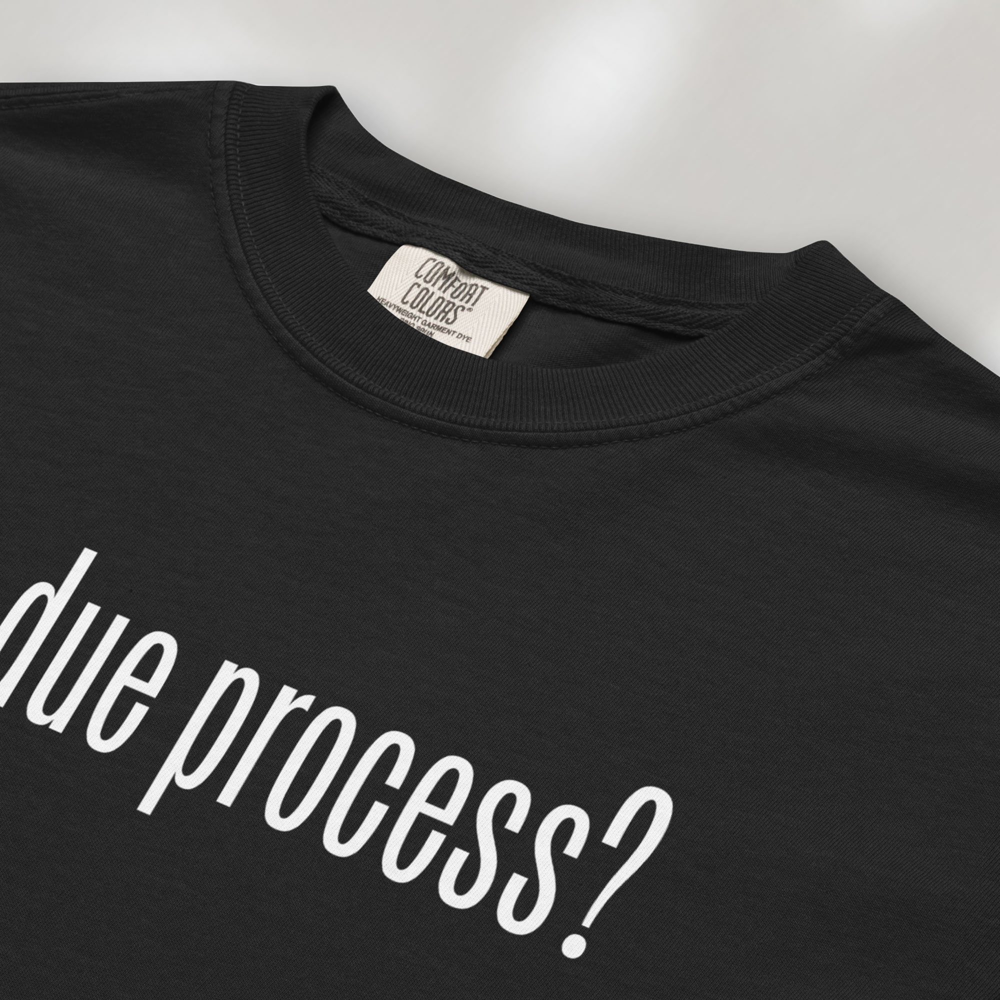 Closeup of black t-shirt with white text reading “got due process?” in a minimalist font, inspired by the classic “got milk?” design.