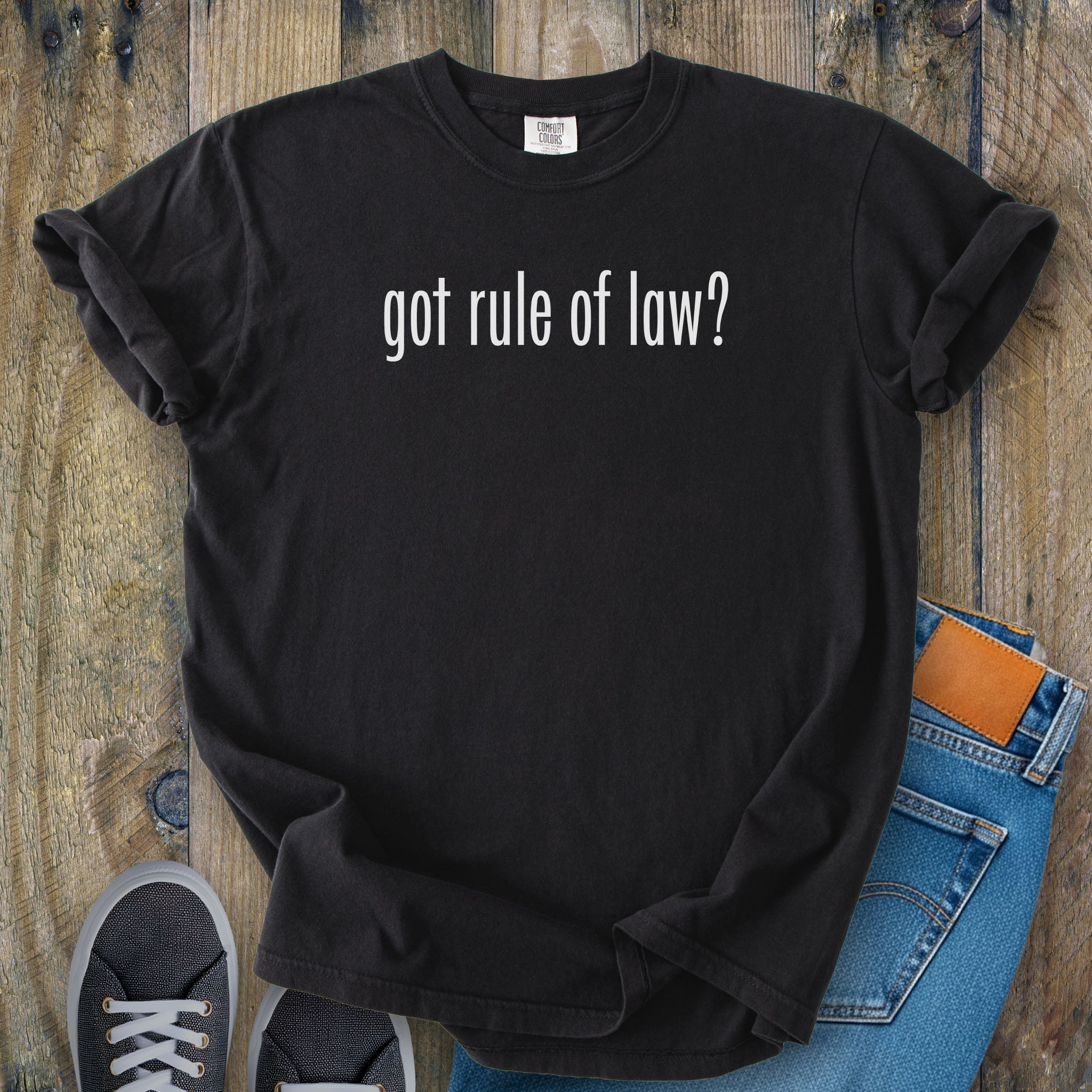 Black t-shirt with white text reading “got rule of law?” in minimalist font, styled like the classic “got milk?” design.