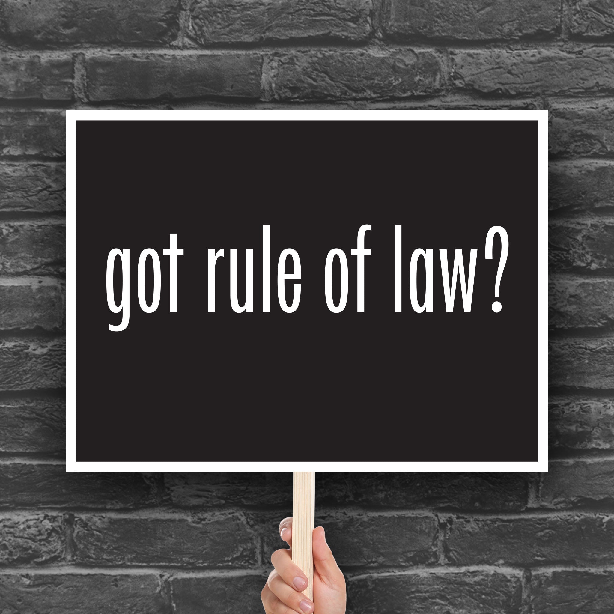 Anti-Trump protest sign with black background and bold white text that says “got rule of law?” in the style of the “got milk?” campaign.