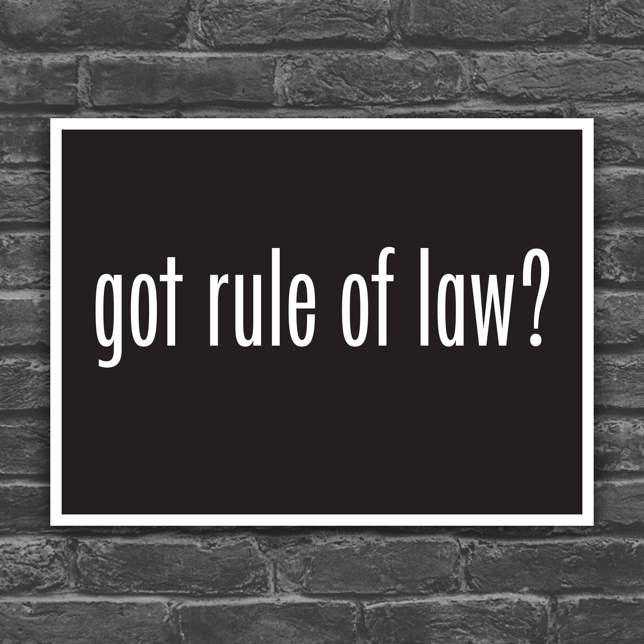 Version of protest sign with black background and bold white text that says “got rule of law?” in the style of the “got milk?” campaign.
