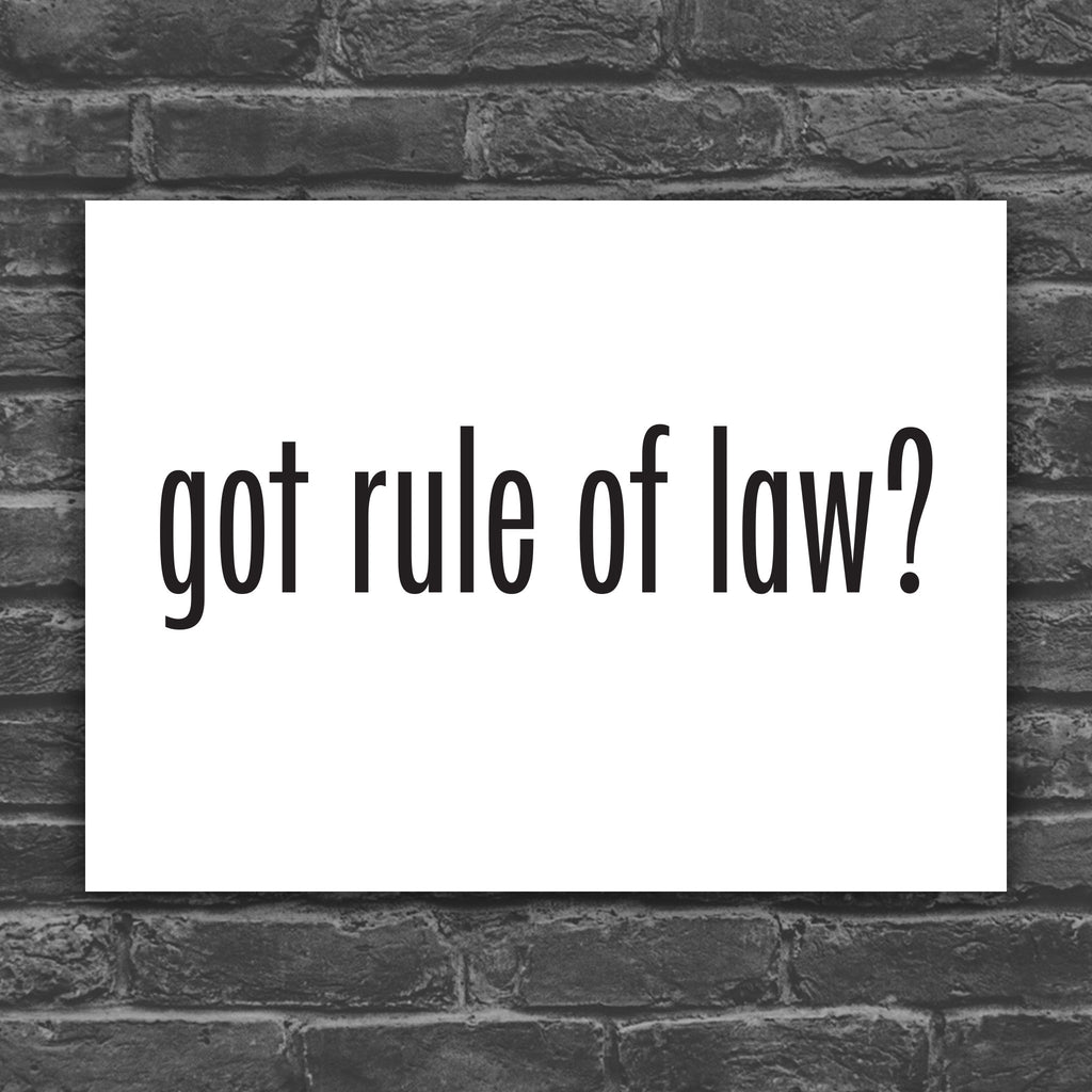 Version of protest sign with white background and bold black text that says “got rule of law?” in the style of the “got milk?” campaign.