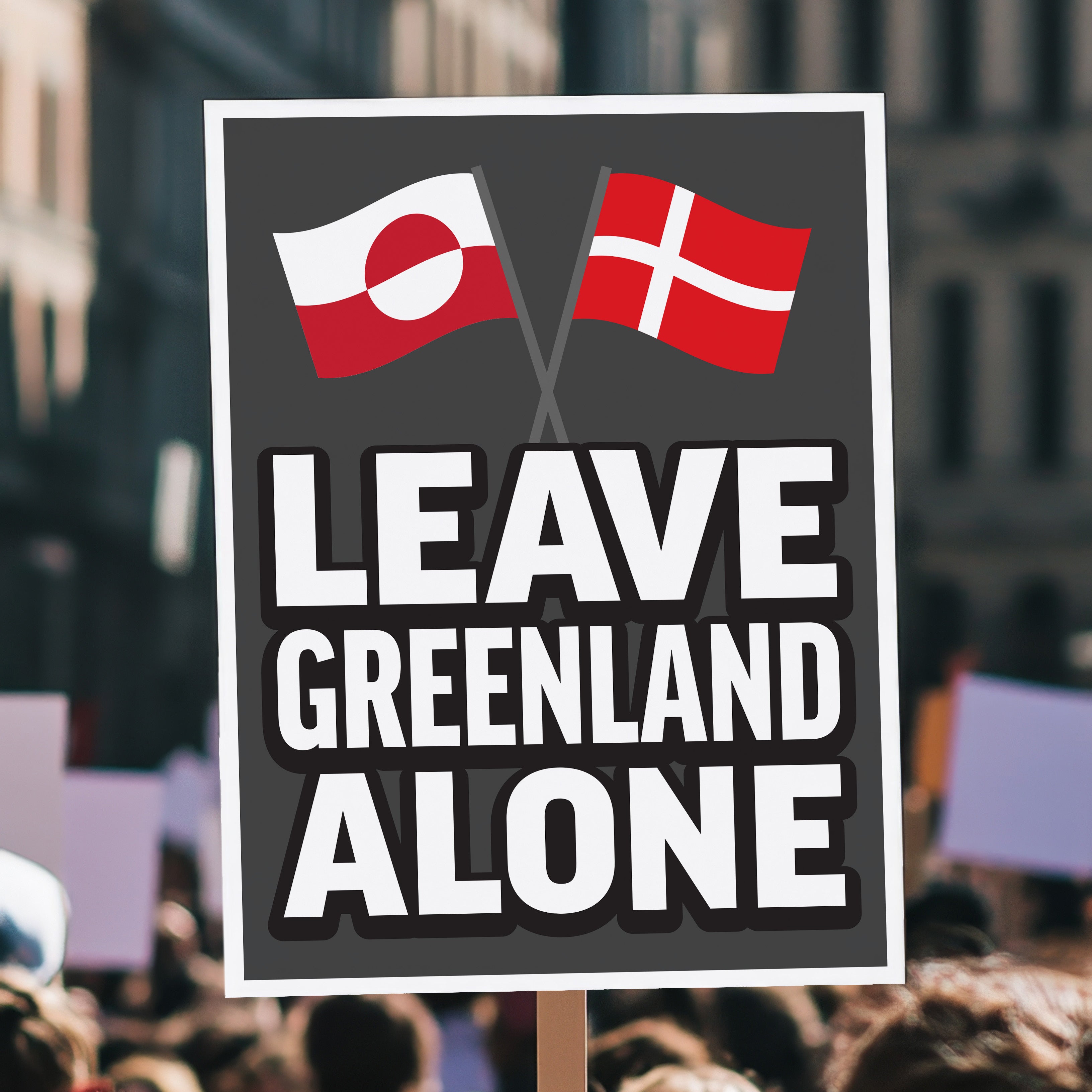 Protest sign reading “Leave Greenland Alone” with Greenland and Denmark flags, opposing Trump’s imperial threats, held high above a crowd.