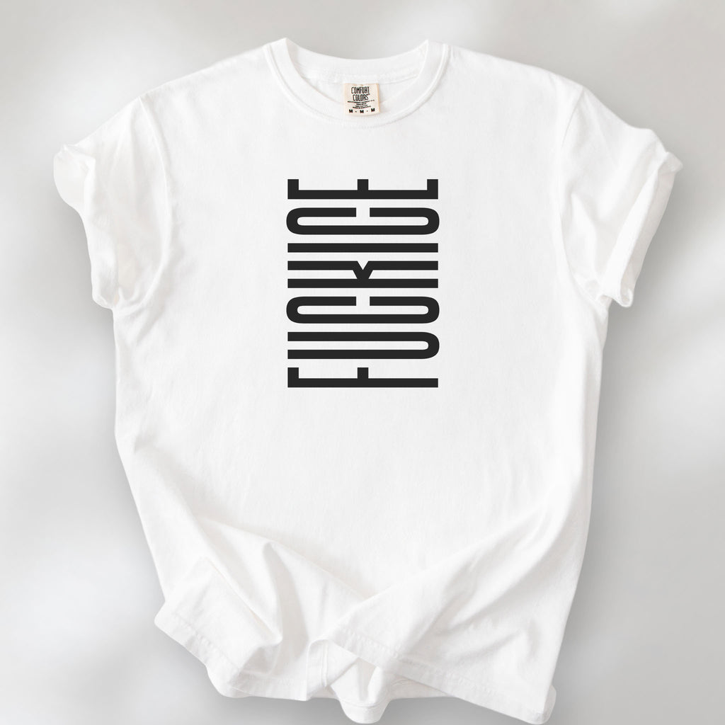 White t-shirt with minimalist black geometric design that subtly spells “Fuck ICE” using stacked bars and negative space, hidden protest message shirt.