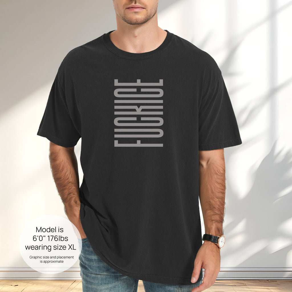 Male model wearing black t-shirt with minimalist geometric design that subtly spells “Fuck ICE” using stacked bars and negative space, hidden protest message shirt. Includes size and fit information for the model who is 6 feet 0 inches, 176 pounds, and wearing a size XL shirt.
