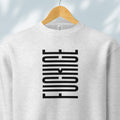 Hanging grey sweatshirt with minimalist black geometric design that subtly spells “Fuck ICE” using stacked bars and negative space, hidden protest message shirt.