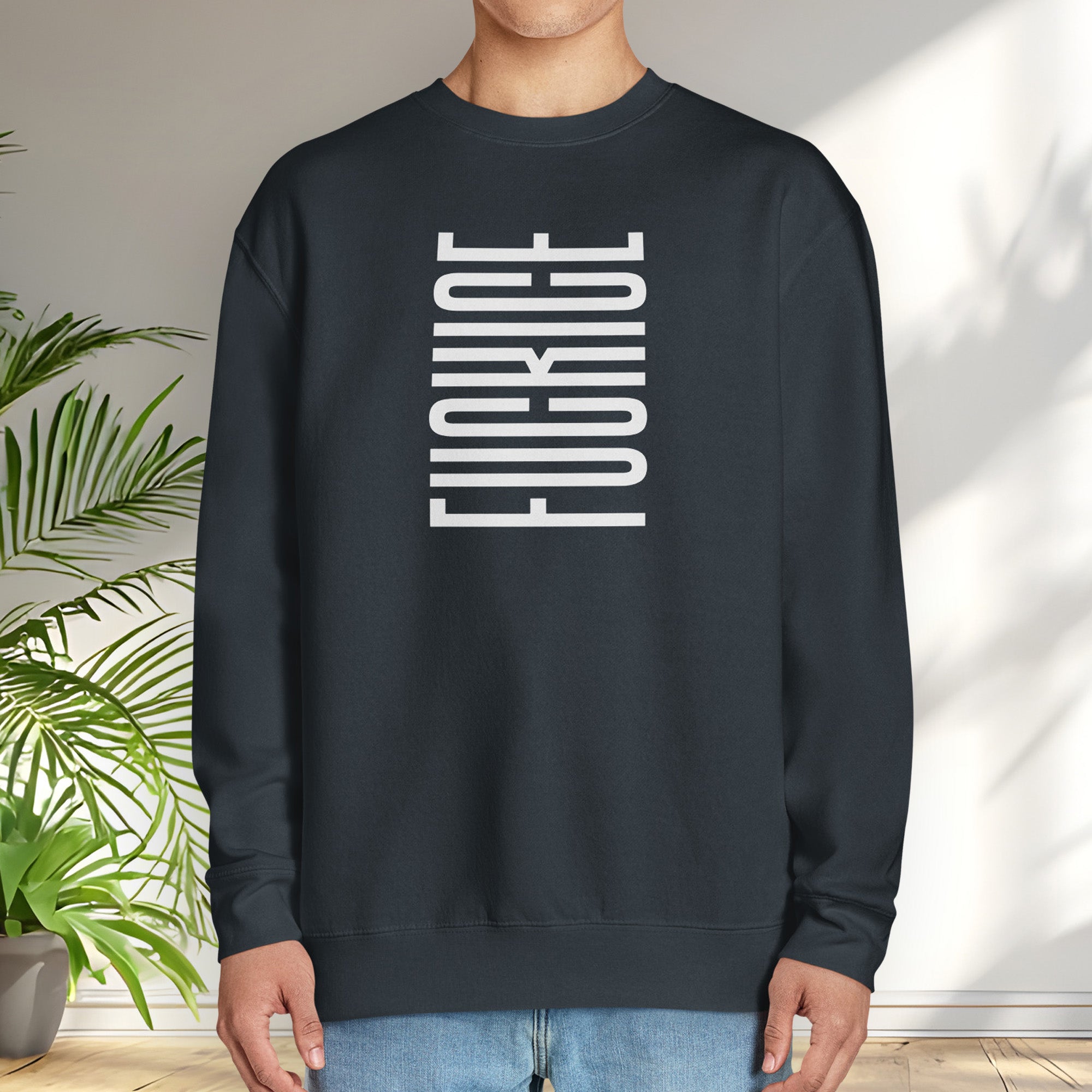 Female model wearing navy sweatshirt with minimalist black geometric design that subtly spells “Fuck ICE” using stacked bars and negative space, hidden protest message shirt.