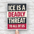Protest sign reading “ICE Is a Deadly Threat to All of Us” in bold red, black, and off-white typography, designed for anti-ICE demonstrations.