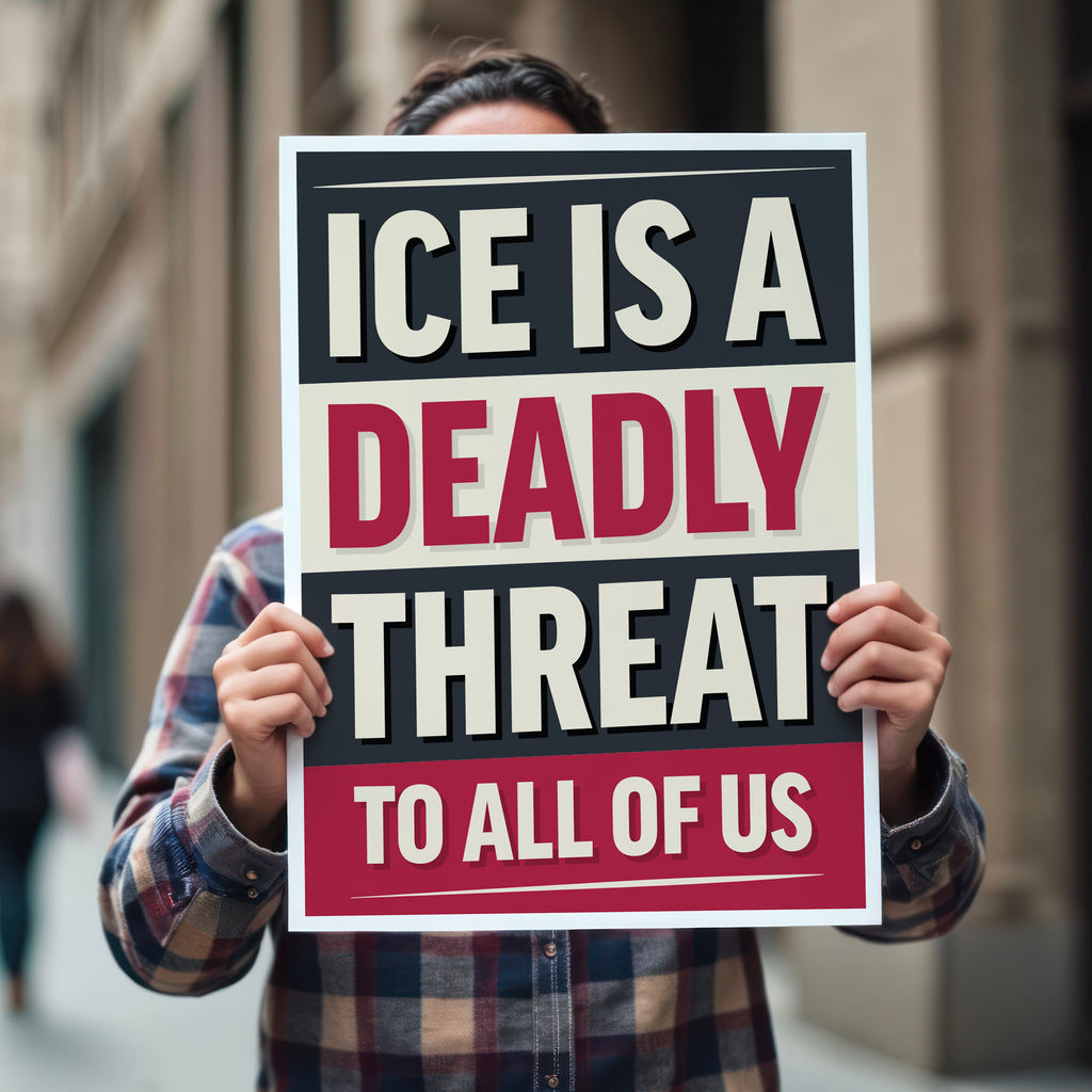 Person holding protest sign reading “ICE Is a Deadly Threat to All of Us” in bold red, black, and off-white typography, designed for anti-ICE demonstrations.