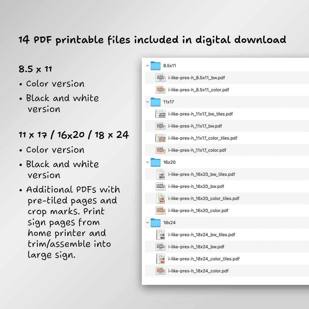File directory of 14 PDF printable files included in digital download, including additional PDFs with pre-tiled pages to print from home and assemble into large sign.