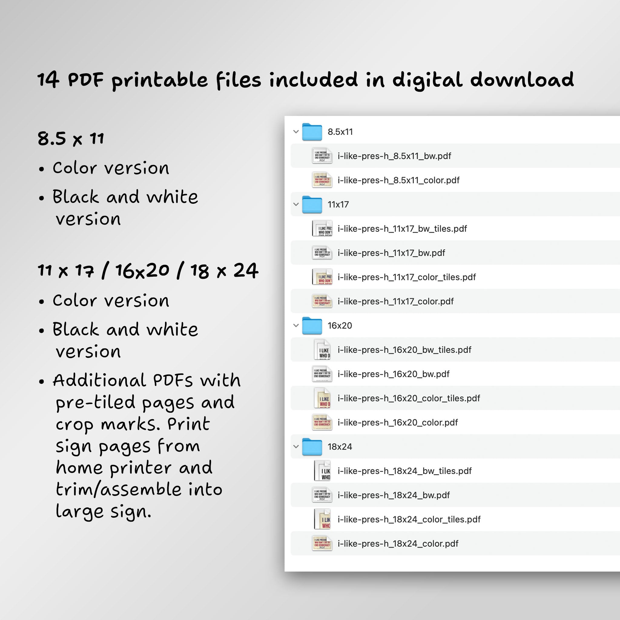 File directory of 14 PDF printable files included in digital download, including additional PDFs with pre-tiled pages to print from home and assemble into large sign.