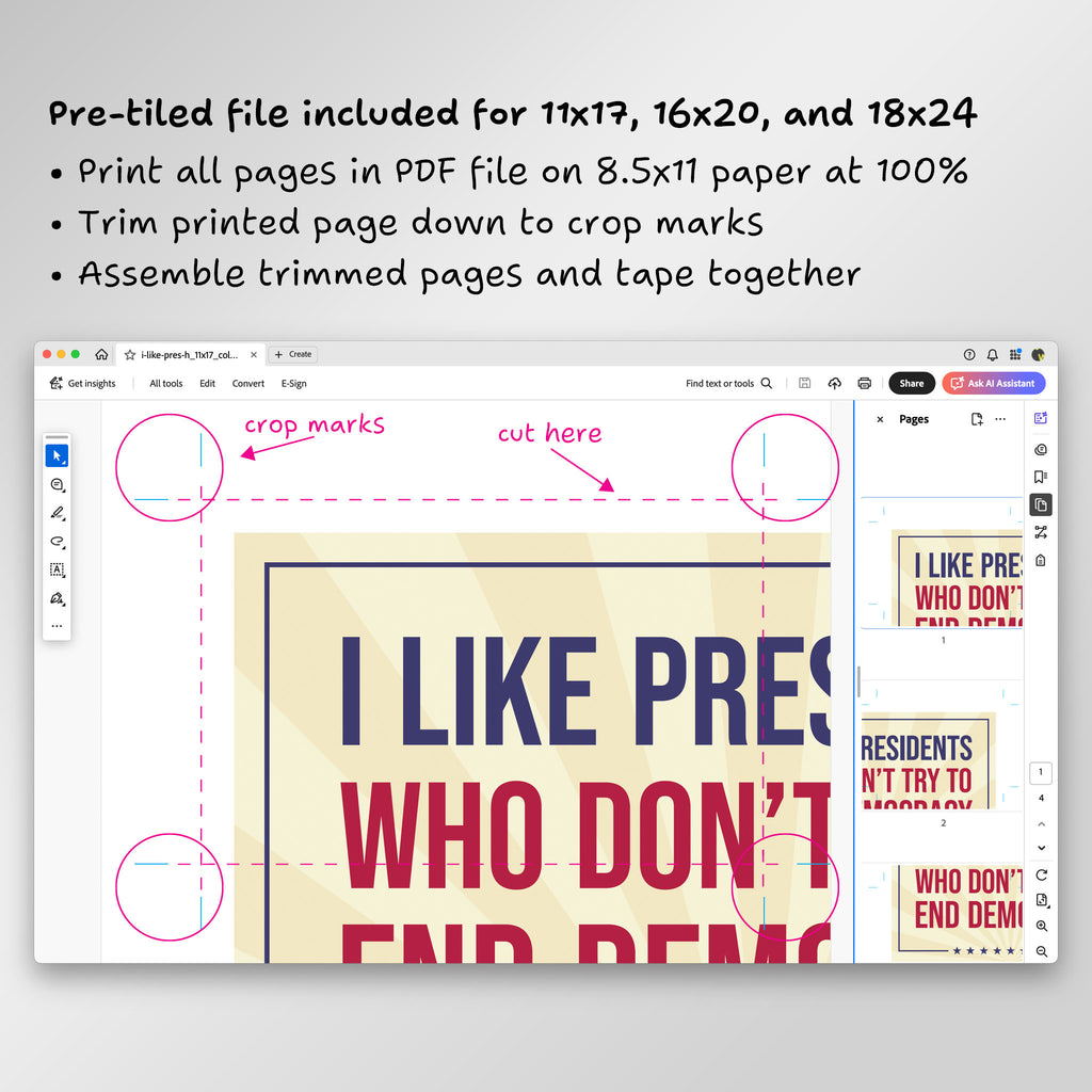 Screenshot of page from pre-tiled PDF file in Adobe Acrobat, showing crop marks and where to trim.