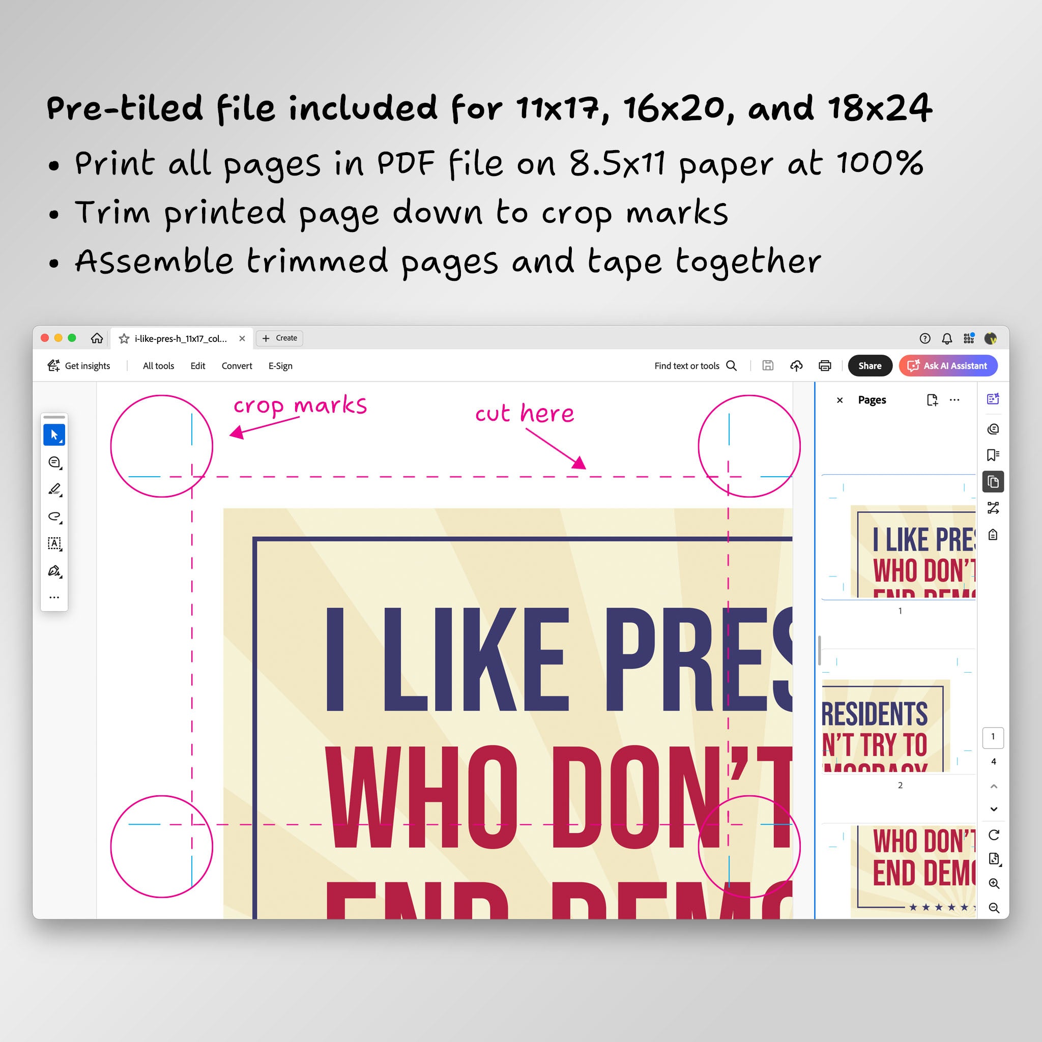 Screenshot of page from pre-tiled PDF file in Adobe Acrobat, showing crop marks and where to trim.
