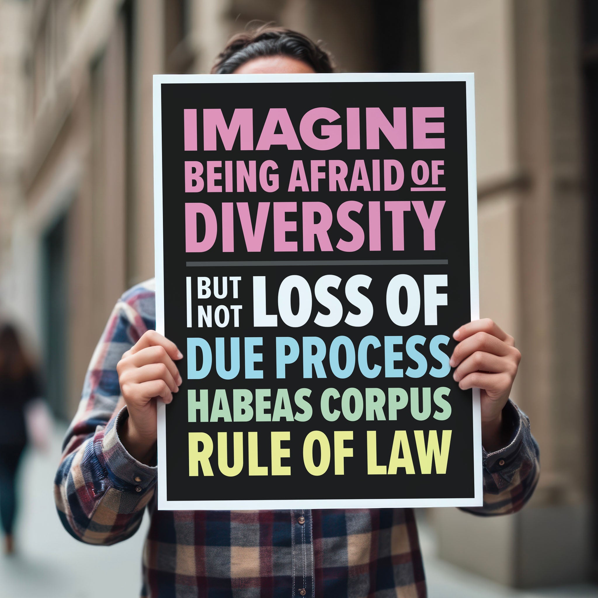 Person holding protest sign with colorful bold text that reads "Imagine being afraid of diversity but not loss of due, process, habeas corpus, rule of law."