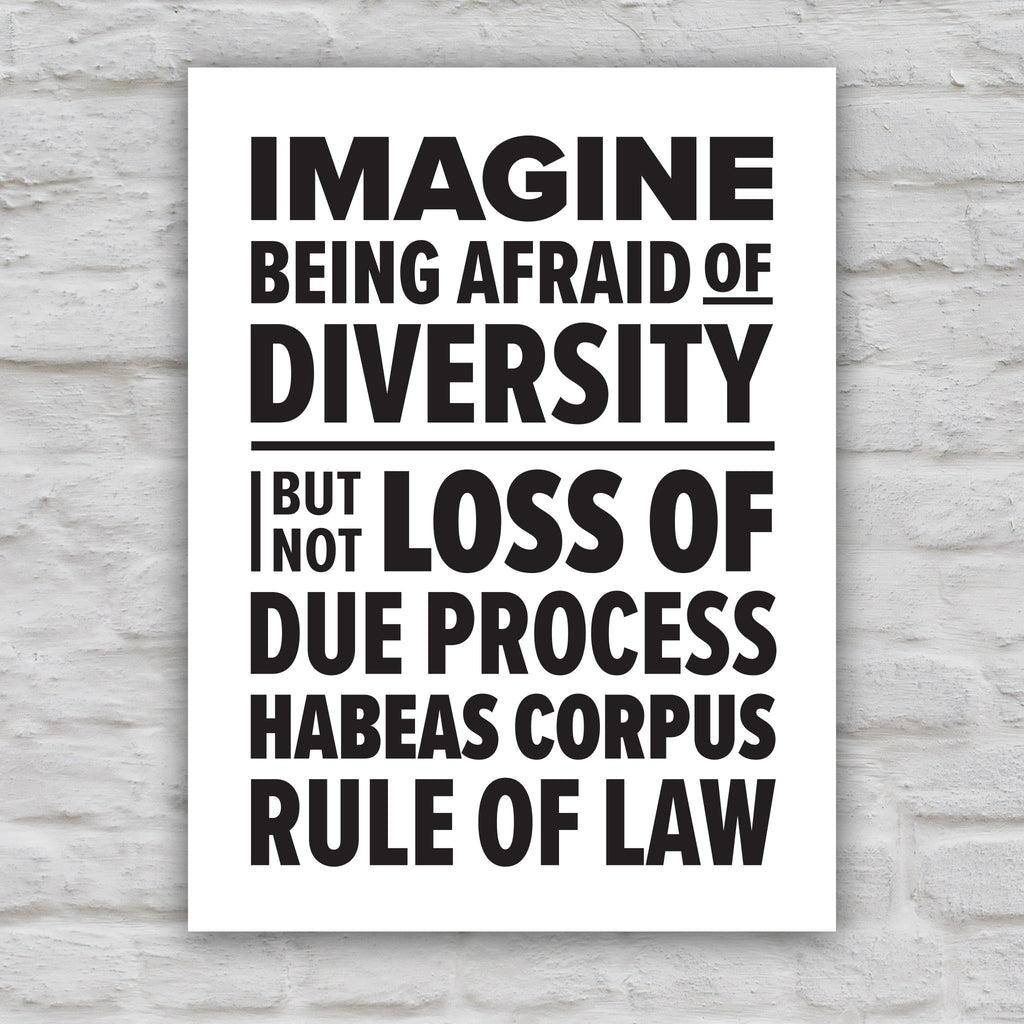 Black and white version of protest sign with colorful bold text that reads "Imagine being afraid of diversity but not loss of due, process, habeas corpus, rule of law."