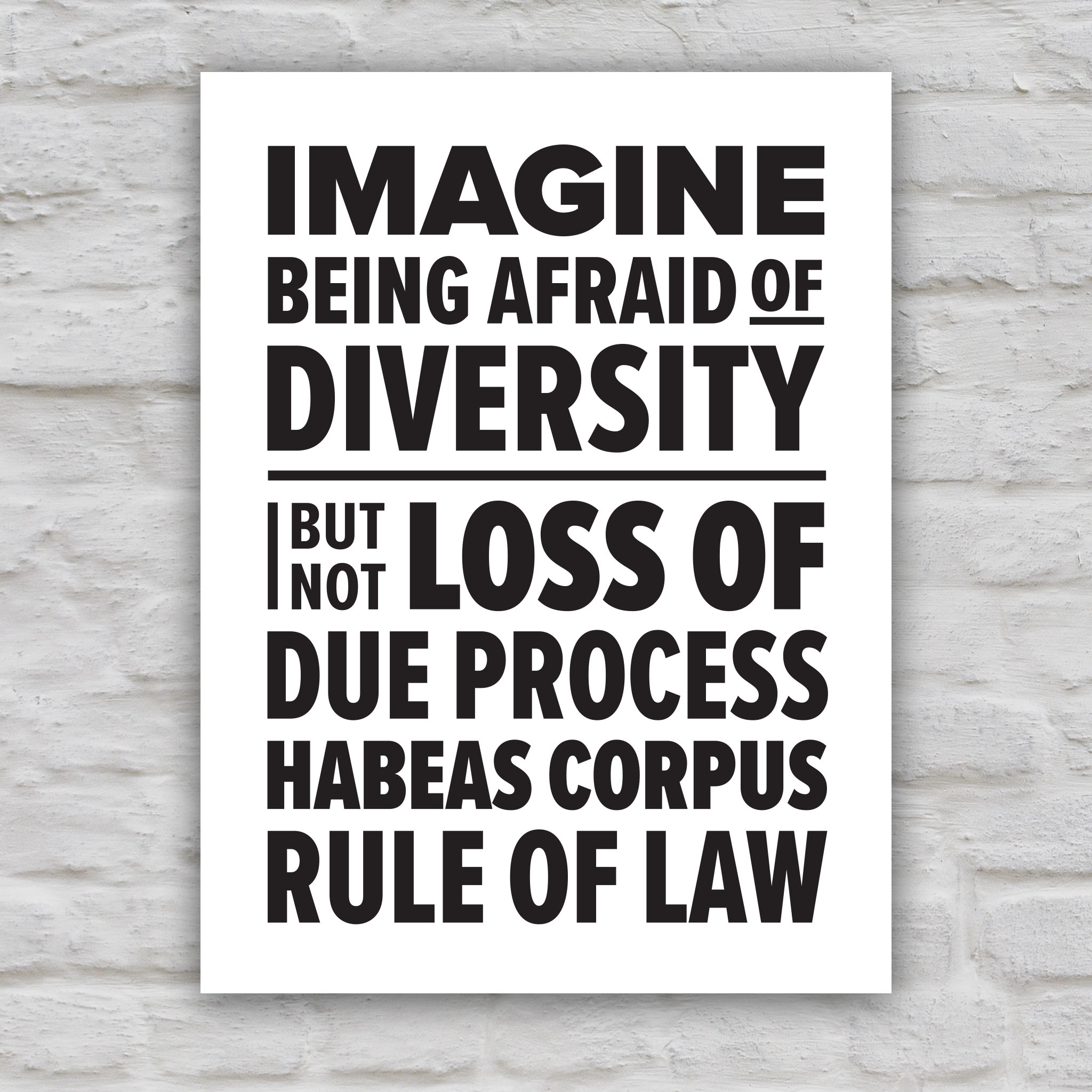 Black and white version of protest sign with colorful bold text that reads "Imagine being afraid of diversity but not loss of due, process, habeas corpus, rule of law."