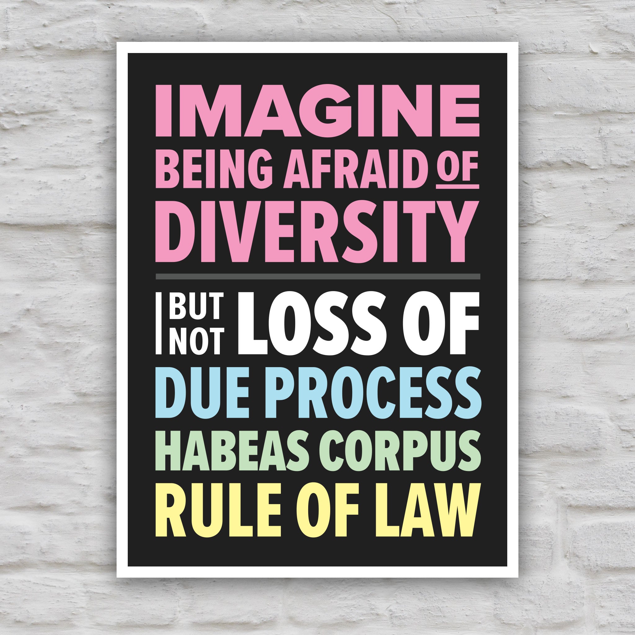 Color version of protest sign with colorful bold text that reads "Imagine being afraid of diversity but not loss of due, process, habeas corpus, rule of law."