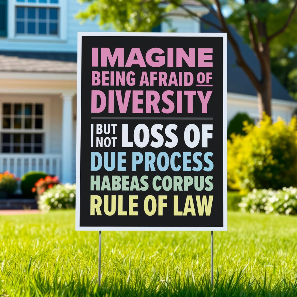 Yard sign with colorful bold text that reads "Imagine being afraid of diversity but not loss of due, process, habeas corpus, rule of law."