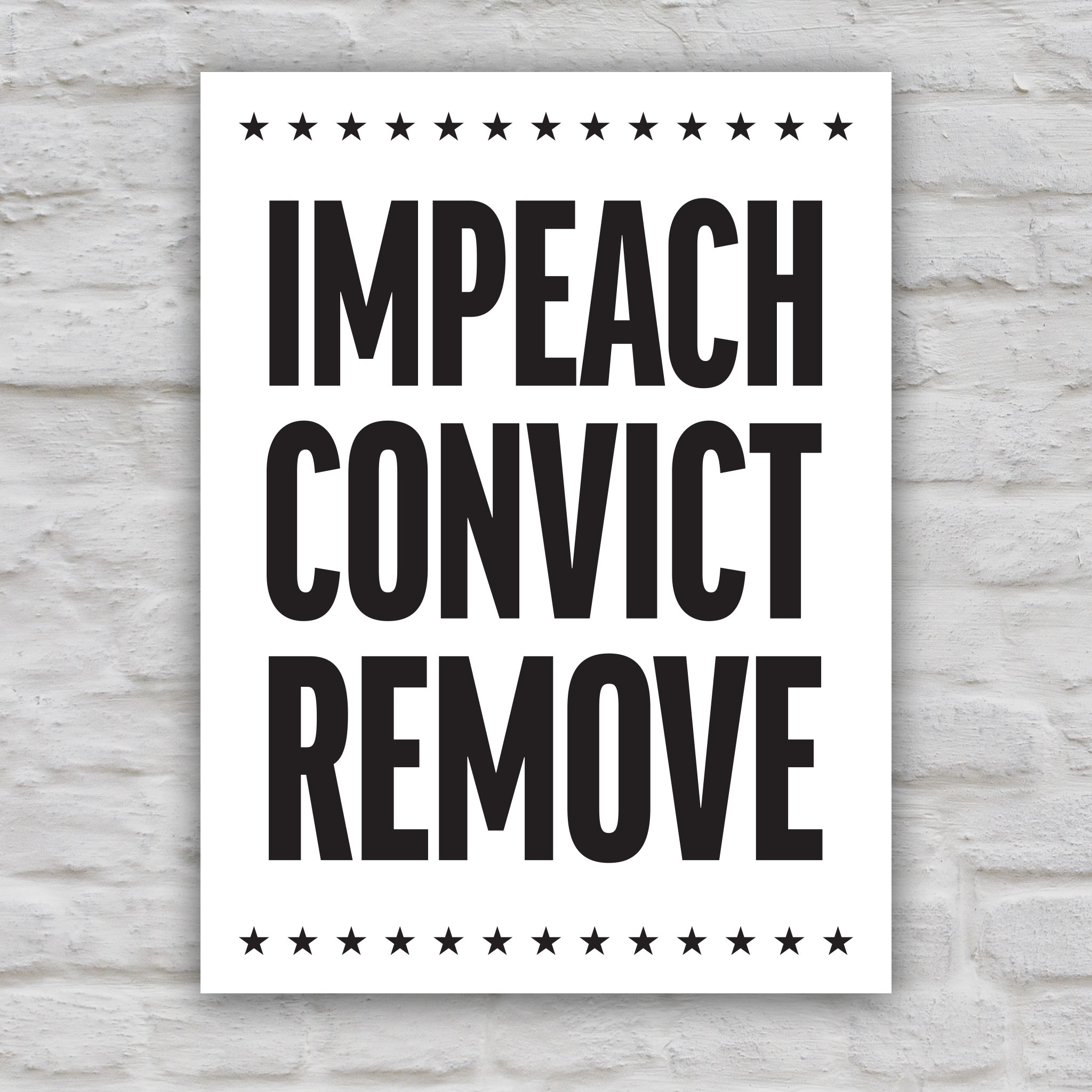 Black and white version of anti-Trump protest sign reading “Impeach Convict Remove” in bold red, blue, and orange text with stars.