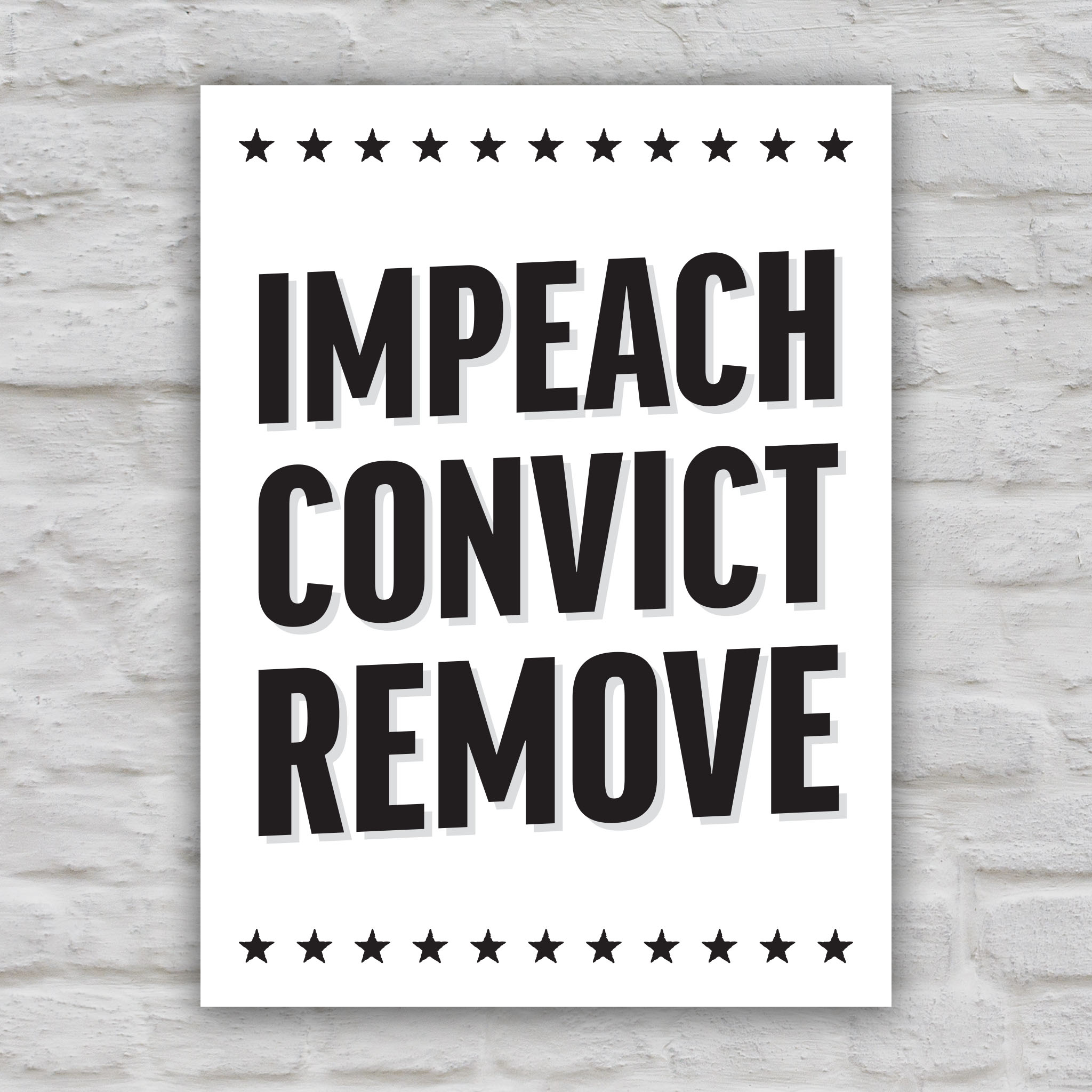 Black and white version of protest sign reading “Impeach Convict Remove” in bold patriotic lettering.