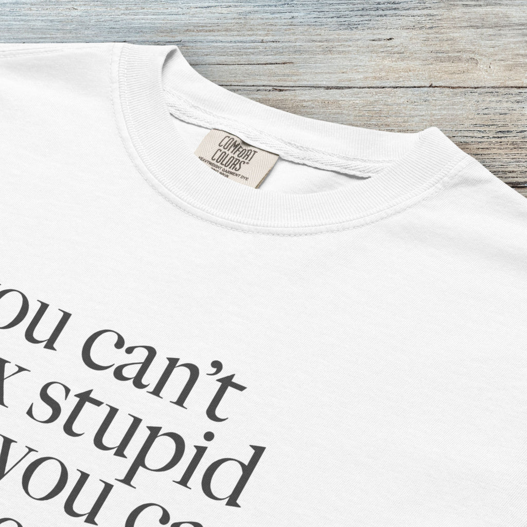 Closeup detail of white political t-shirt with bold gray text reading “You can’t fix stupid but you can impeach it,” minimalist anti-Trump protest design.