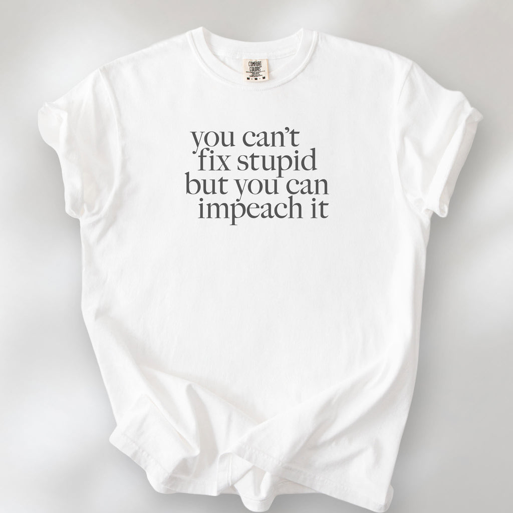 White political t-shirt with bold gray text reading “You can’t fix stupid but you can impeach it,” minimalist anti-Trump protest design.