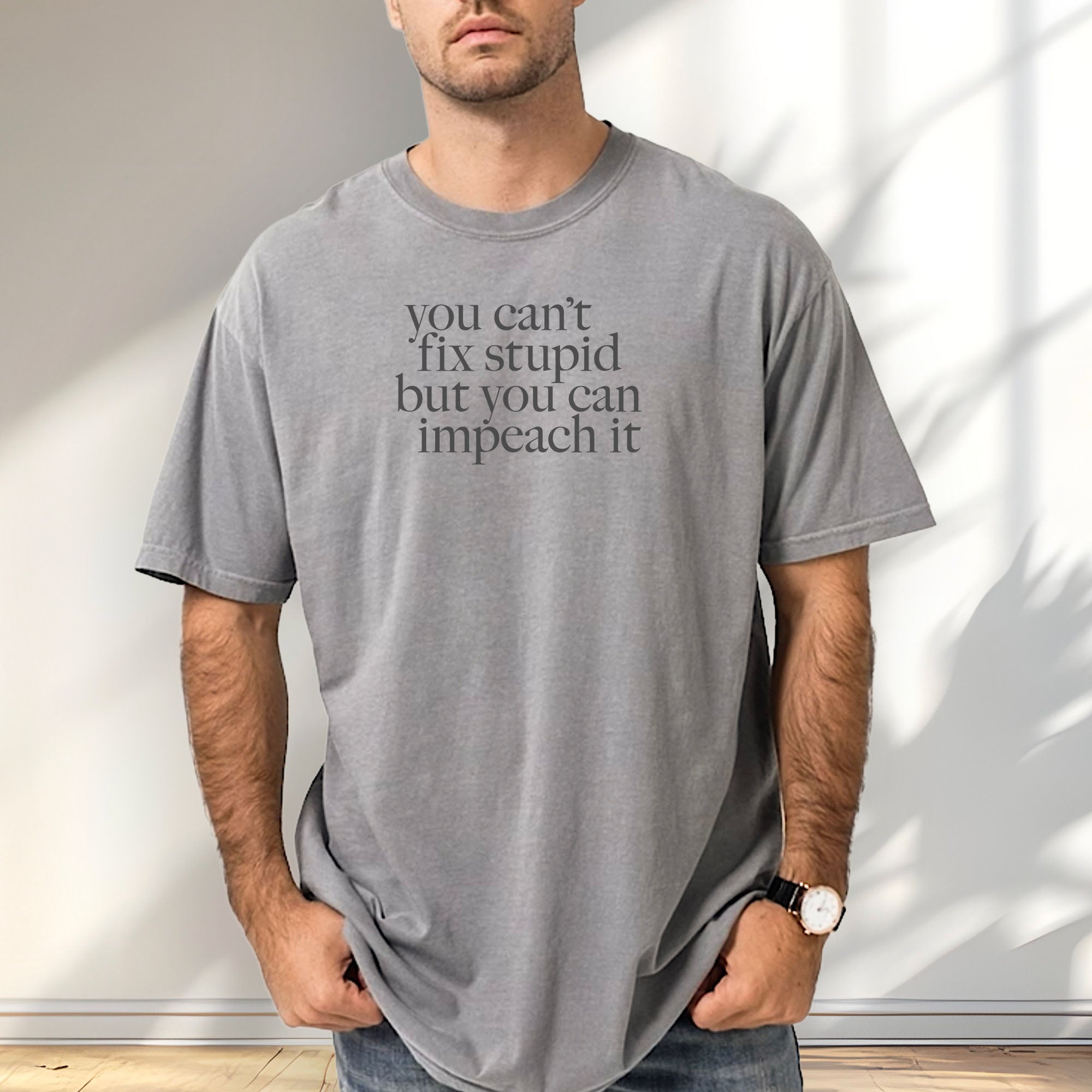 Male model wearing grey political t-shirt with bold gray text reading “You can’t fix stupid but you can impeach it,” minimalist anti-Trump protest design.