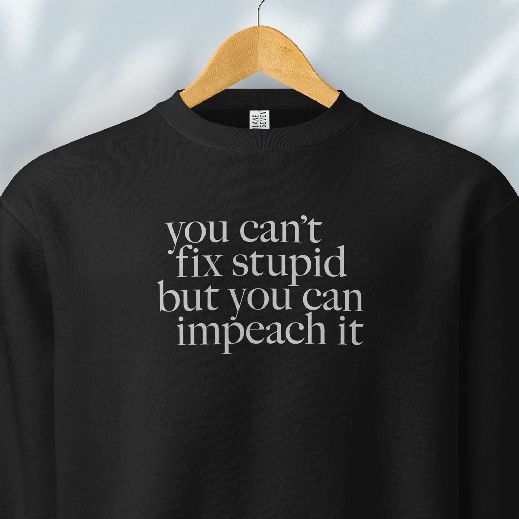 Hanging black political sweatshirt shirt with styled serif text block reading “You can’t fix stupid but you can impeach it,” minimalist anti-Trump protest design.
