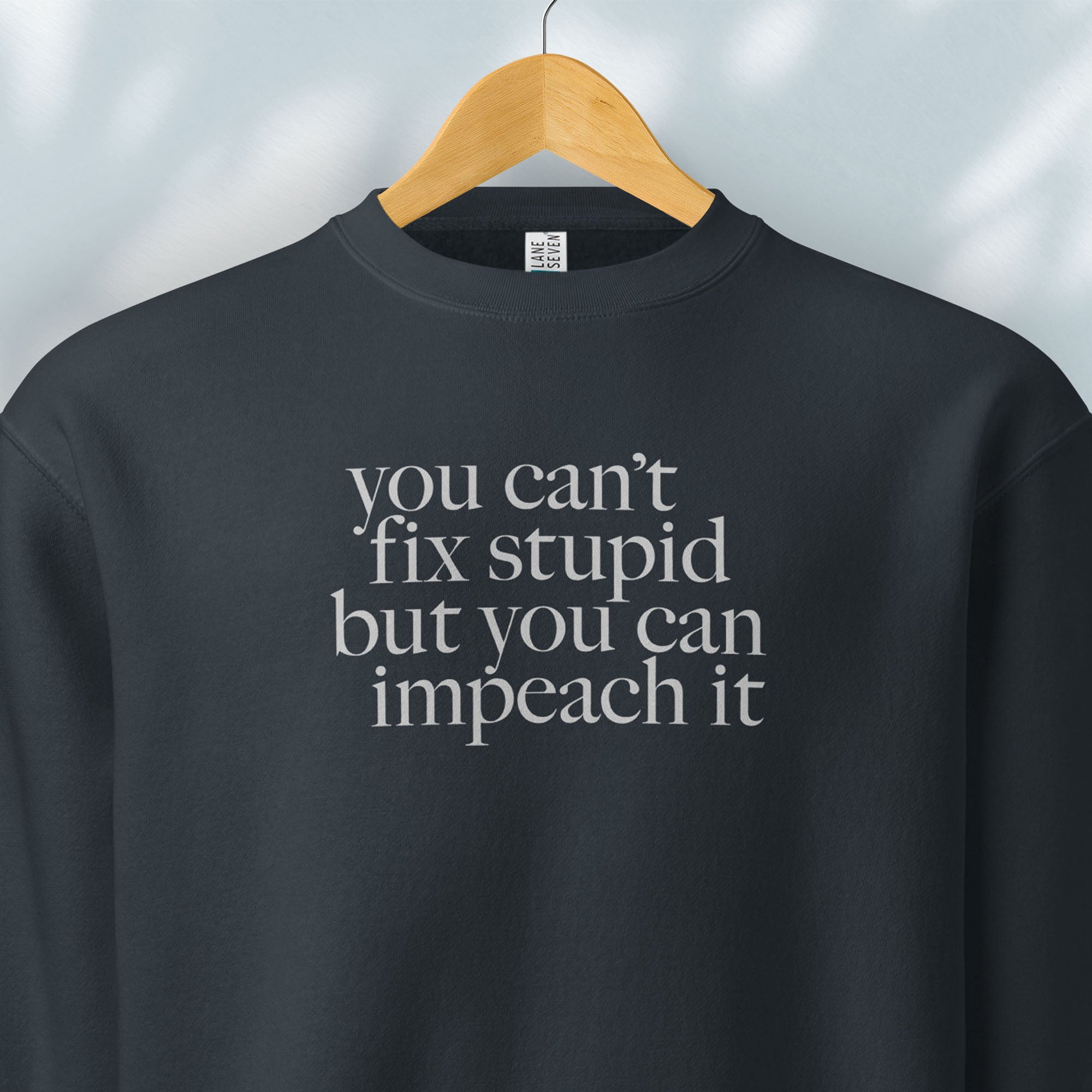 Hanging navy political sweatshirt shirt with styled serif text block reading “You can’t fix stupid but you can impeach it,” minimalist anti-Trump protest design.