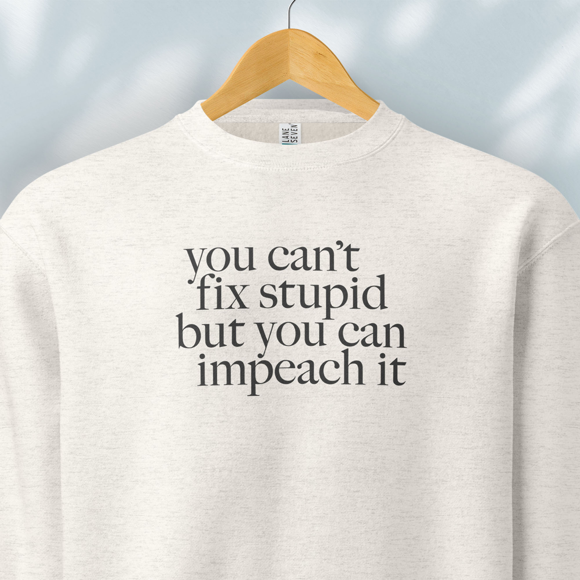 Hanging oatmeal political sweatshirt shirt with styled serif text block reading “You can’t fix stupid but you can impeach it,” minimalist anti-Trump protest design.