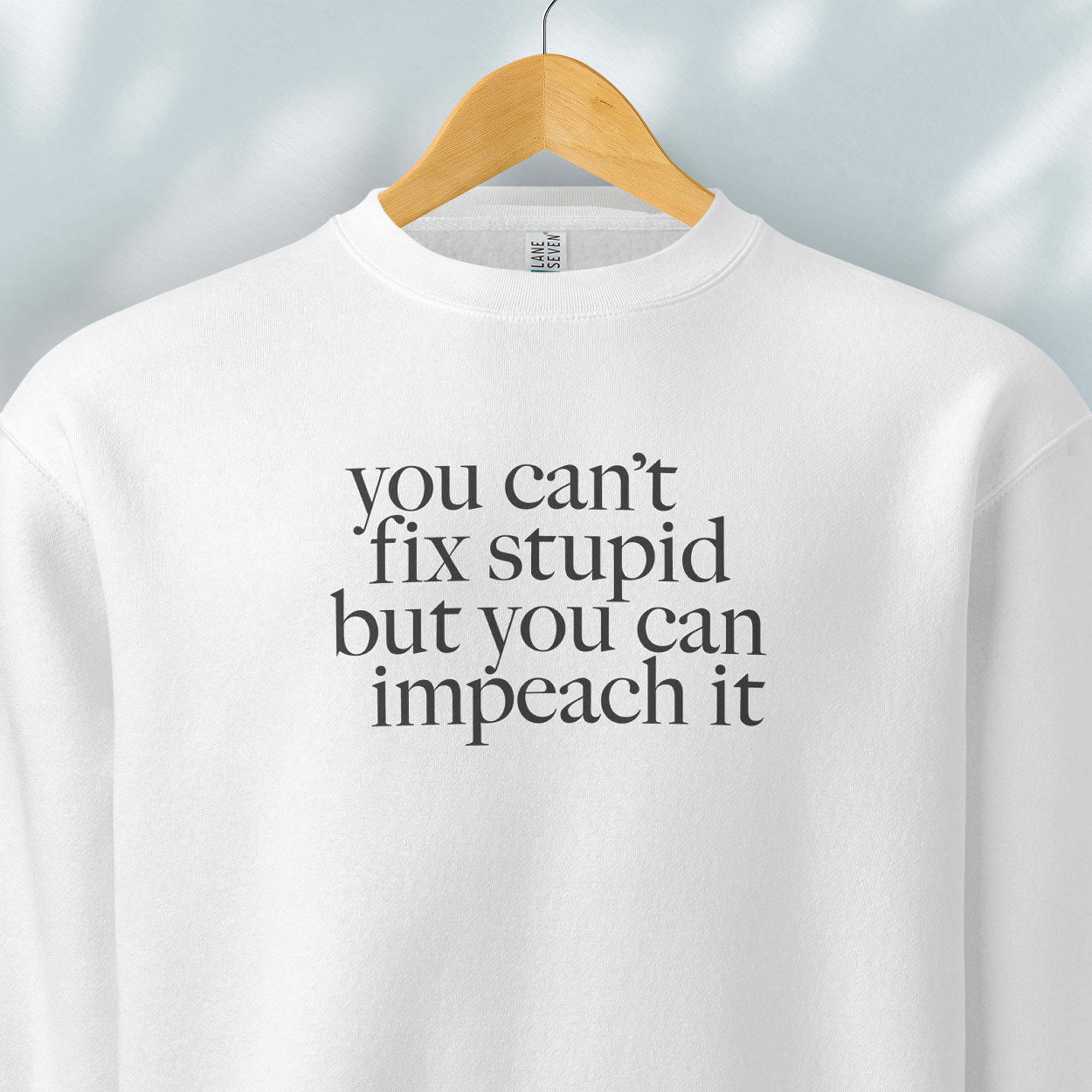 Hanging white political sweatshirt shirt with styled serif text block reading “You can’t fix stupid but you can impeach it,” minimalist anti-Trump protest design.