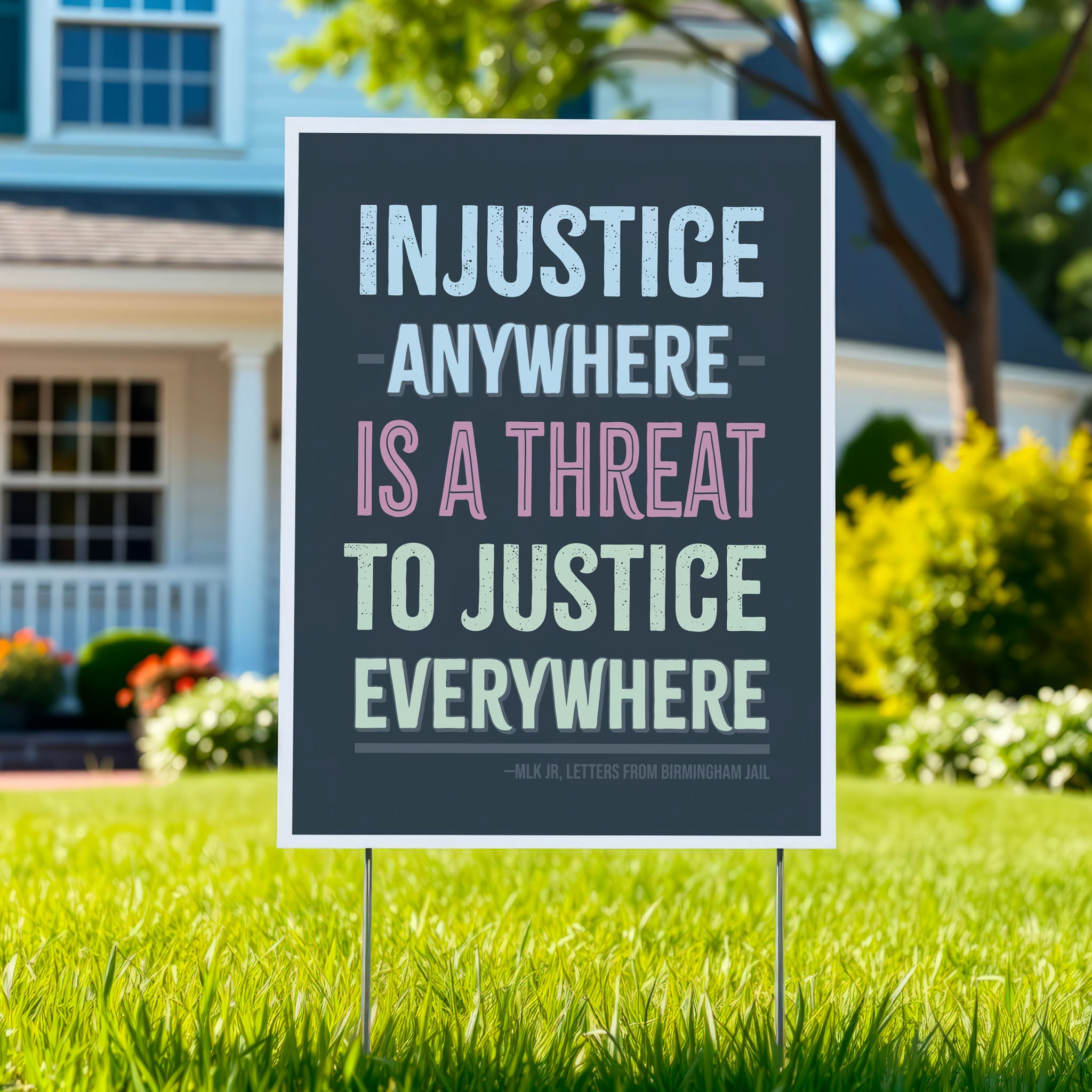 Yard sign with quote from Martin Luther King Jr that reads "injustice anywhere is a threat to justice everywhere" in colorful bold distressed text, planted in a green lawn.