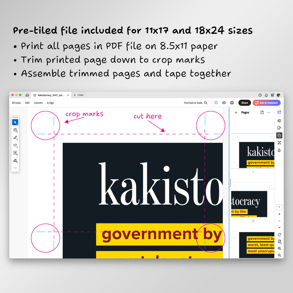 Screenshot of page from pre-tiled PDF file in Adobe Acrobat, showing crop marks and where to trim.