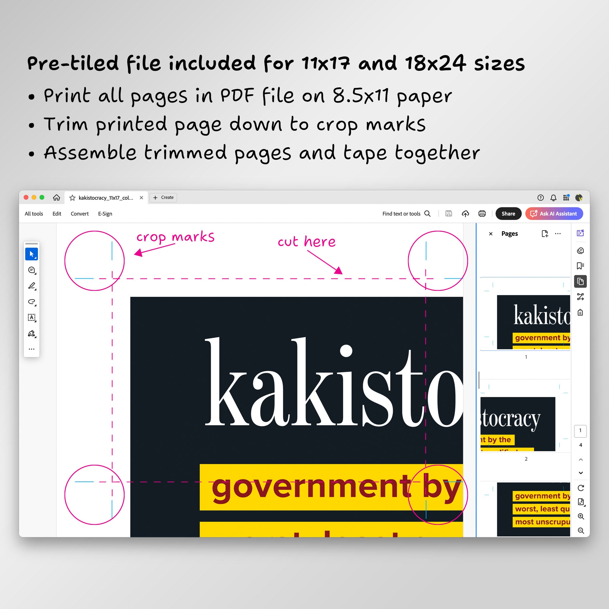 Screenshot of page from pre-tiled PDF file in Adobe Acrobat, showing crop marks and where to trim.