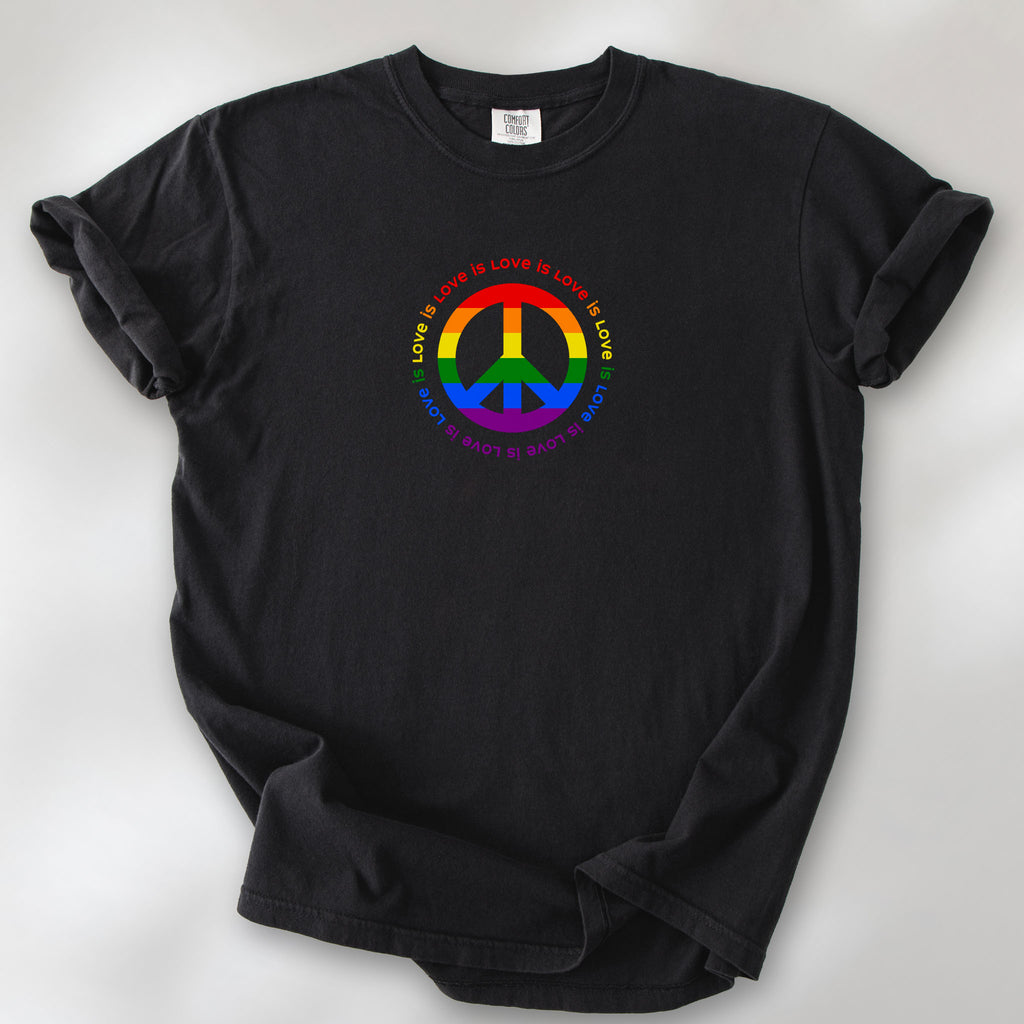 Black t-shirt with LGBTQ pride graphic — a peace sign in the LGBTQ flag colors, with the text "love is love" repeated in a circle around the peace sign.