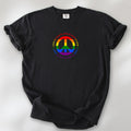 Black t-shirt with LGBTQ pride graphic — a peace sign in the LGBTQ flag colors, with the text "love is love" repeated in a circle around the peace sign.