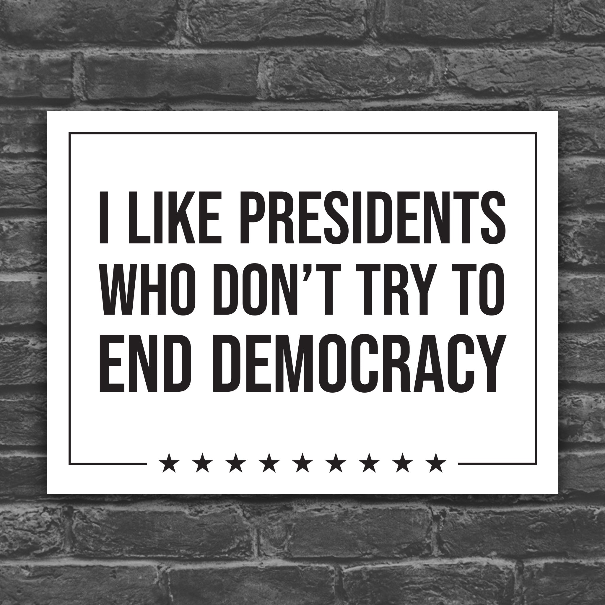 Black and white version of protest sign with text that reads "I like presidents who don't try to end democracy."