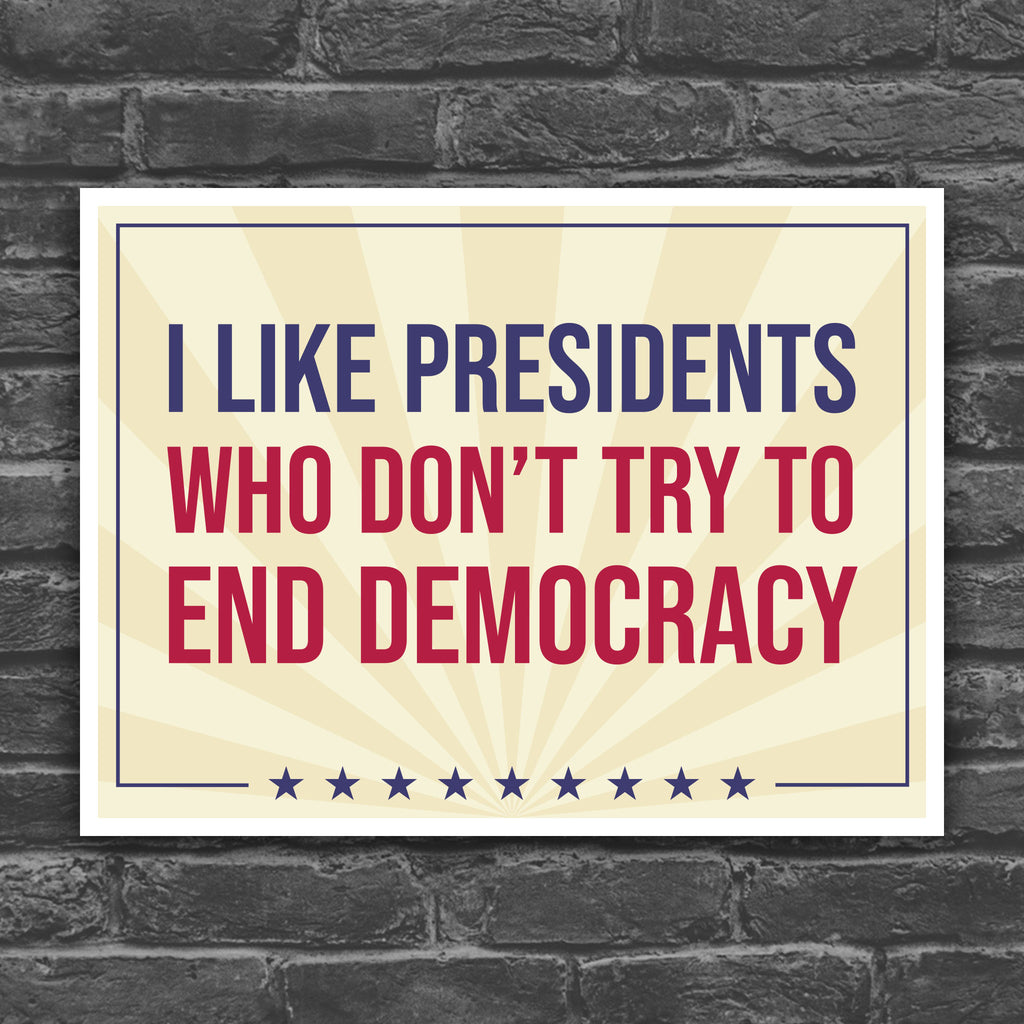 Color version of protest sign with text that reads "I like presidents who don't try to end democracy."