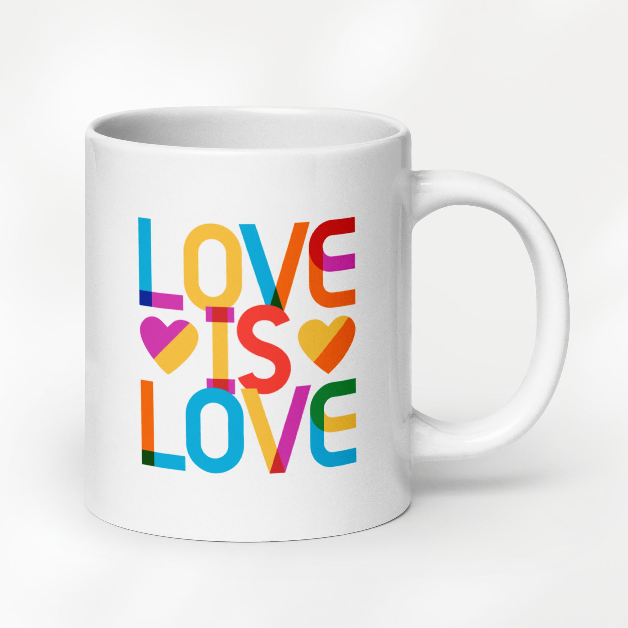20 ounce white ceramic coffee mug with rainbow “love is love” text in a block design.