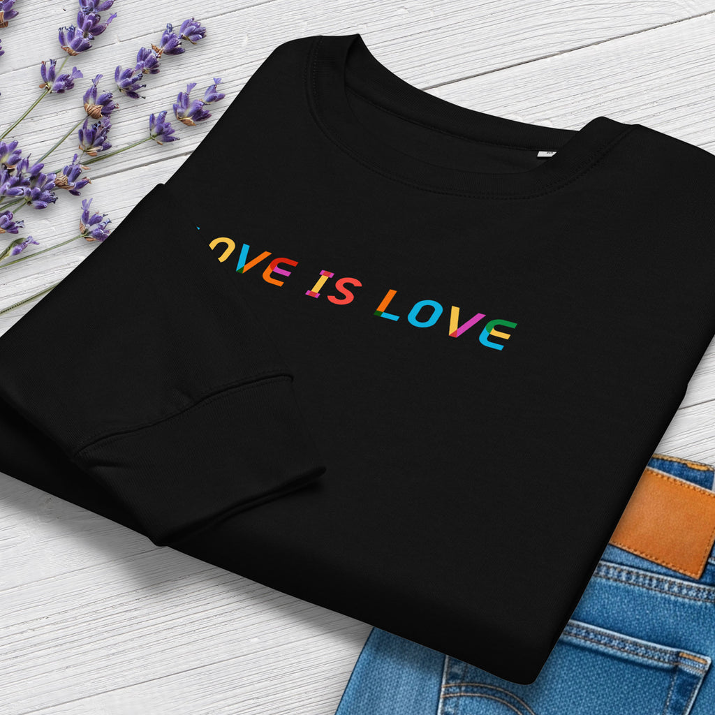 Folded black women's crewneck sweatshirt with rainbow “love is love” text designed in the Gilbert font.
